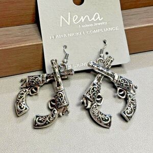 Nena Fashion Jewelry Western Pistol Dangle Earrings – 1.75 Inches, Silvertone